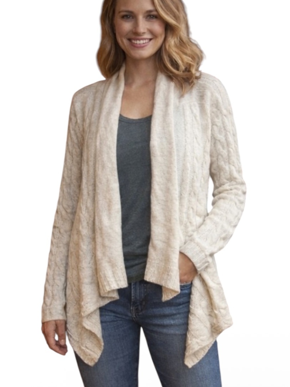 St. John’s Bay Open Cardigan Sweater Draped Collar Cable Knit Size M Cabincore
